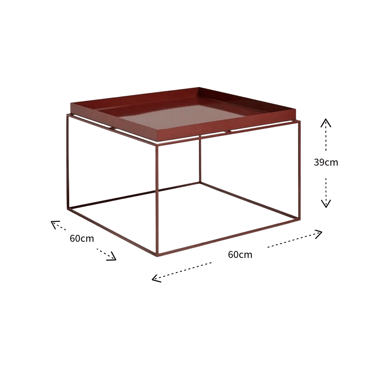 A square metal coffee table with a dark reddish-brown tray insert, shown on a white background with dimension arrows and labels indicating 60 cm by 60 cm by 39 cm.