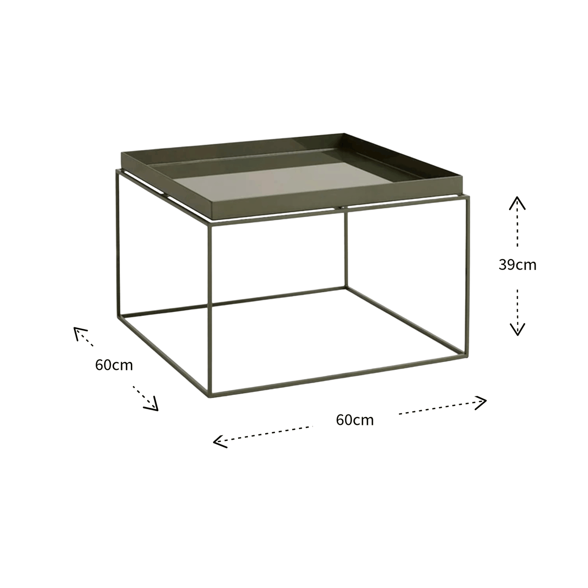 A square metal coffee table or tray table shown on a white background with dimension arrows and labels indicating 60 cm width, 60 cm depth, and 39 cm height.