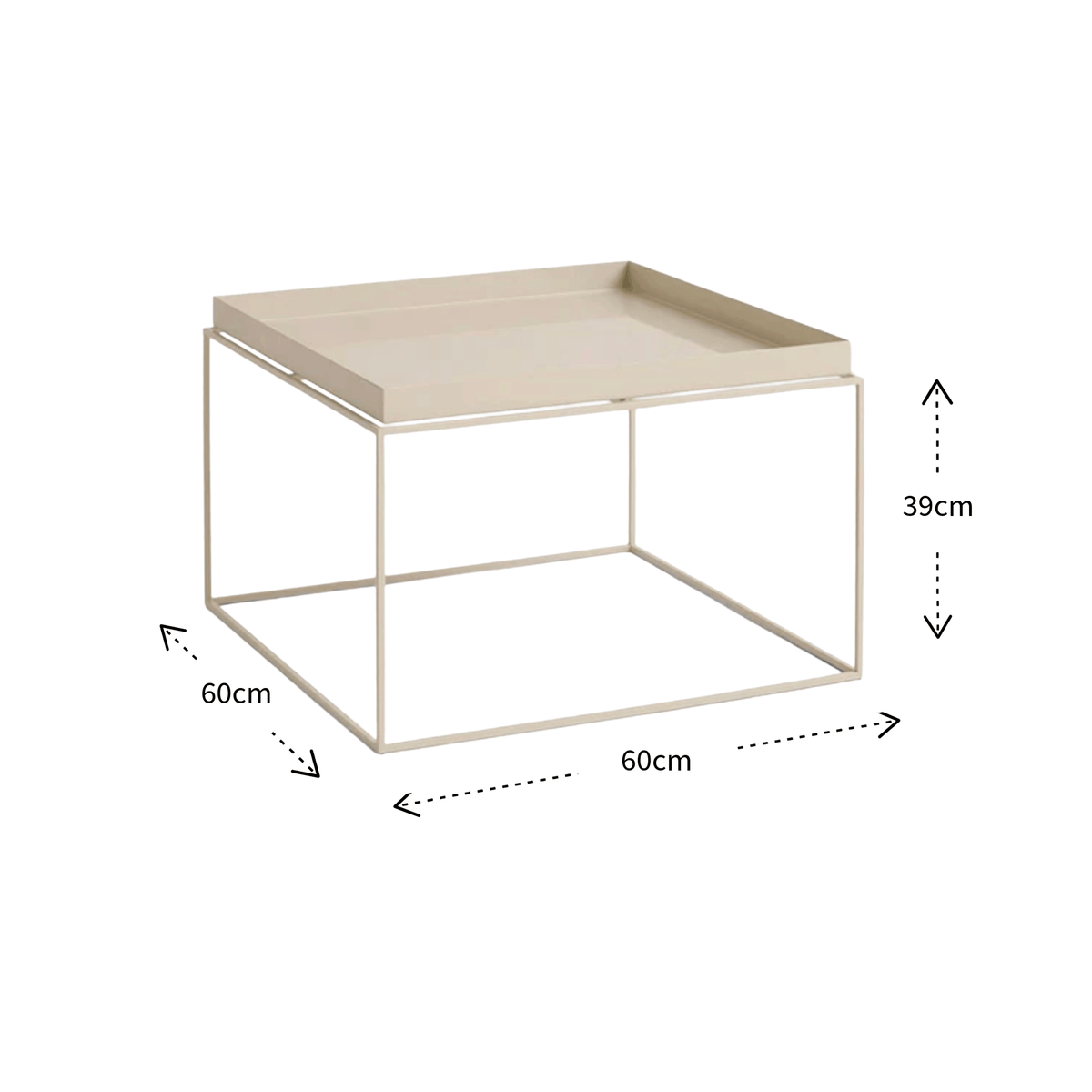 A square coffee table with a light beige tray top and a minimalist open metal frame base, shown with dimension arrows and labels indicating 60cm width, 60cm depth, and 39cm height.
