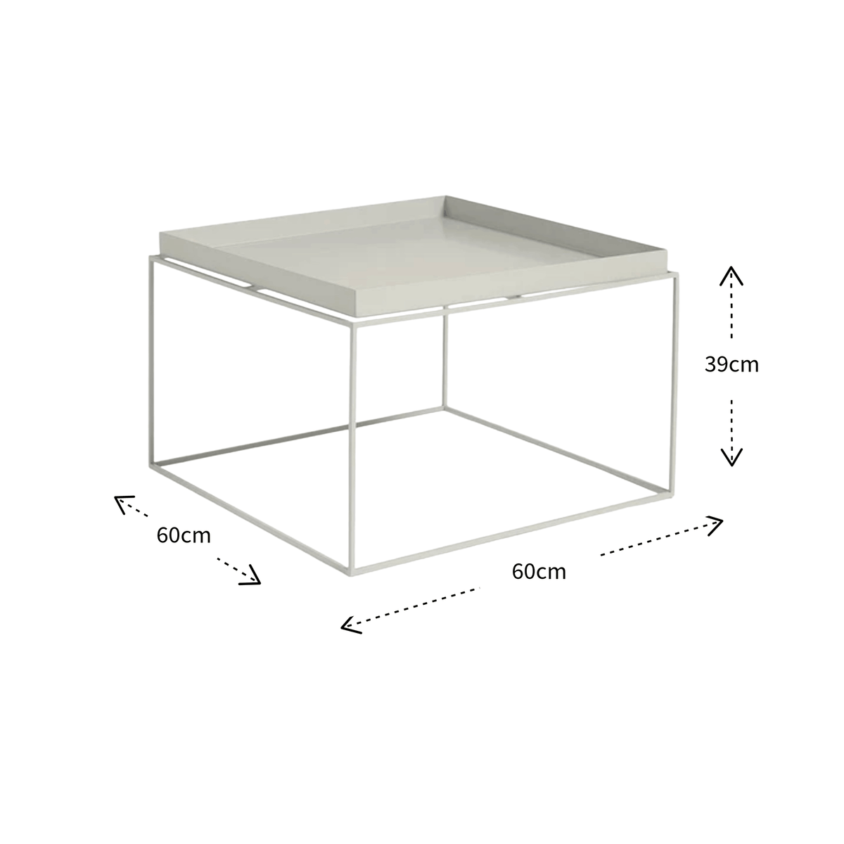 A square coffee table with a light gray top and a slim white metal frame, shown with dimension arrows and labels indicating 60cm by 60cm by 39cm measurements on a white background.