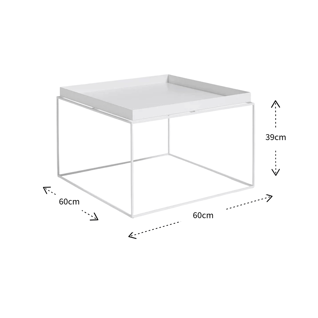 White square coffee table with a slatted metal frame and a flat top surface, shown with dimension arrows and labels indicating 60 cm by 60 cm by 39 cm measurements on a white background.