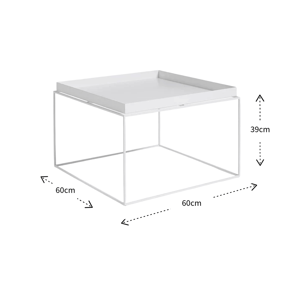 White square coffee table with a slatted metal frame and a flat top surface, shown with dimension arrows and labels indicating 60 cm by 60 cm by 39 cm measurements on a white background.