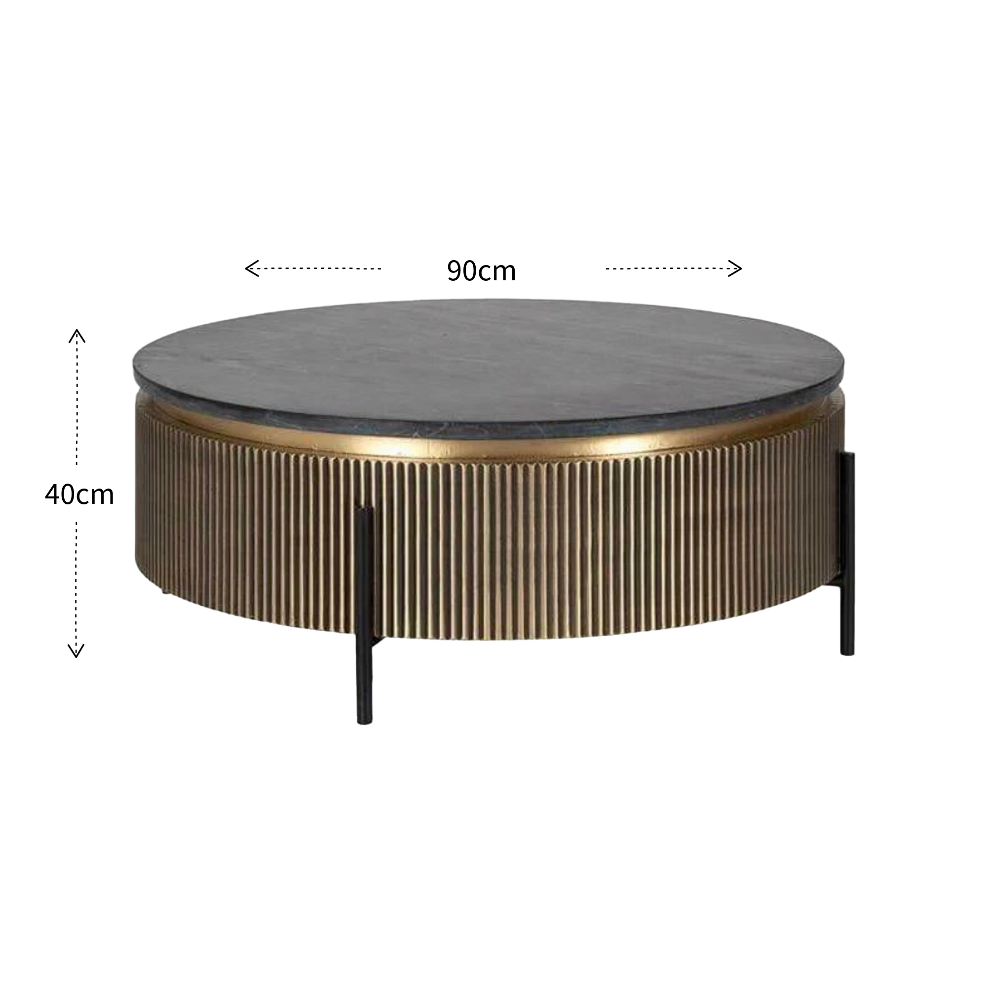 Round coffee table with dimensions on a white background