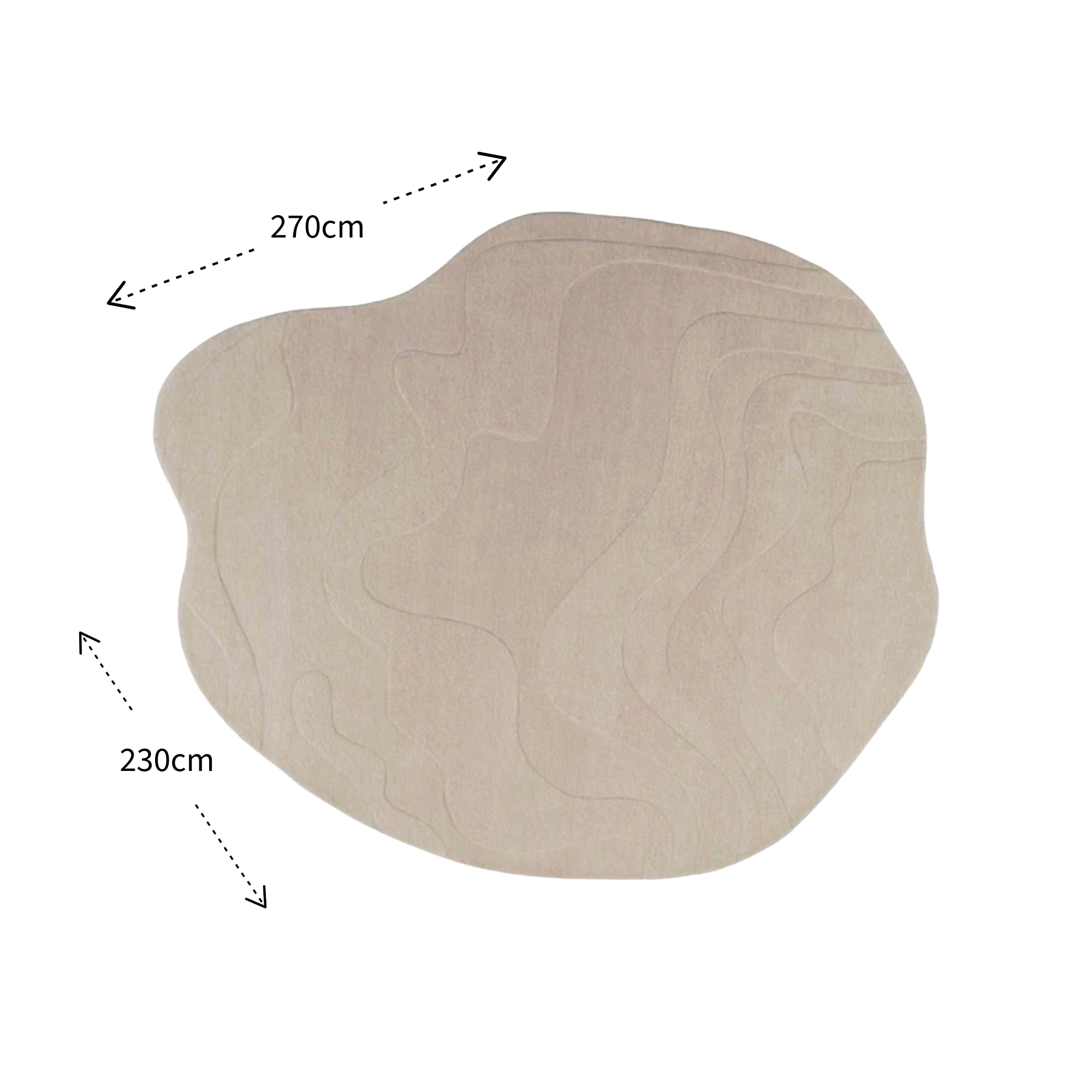 Beige textured rug with dimensions on a white background