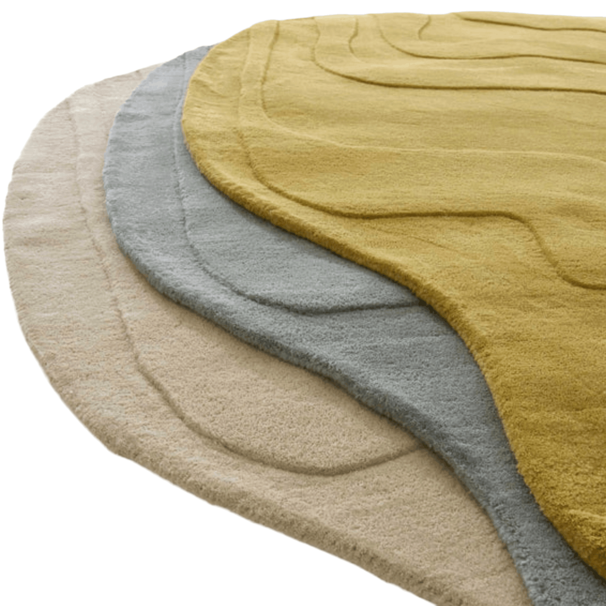 Three circular rugs in mustard, grey blue, and beige on a white background