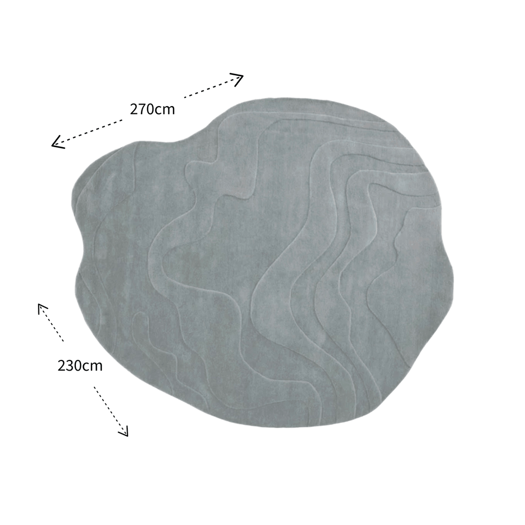 Gray textured rug with dimensions on a white background