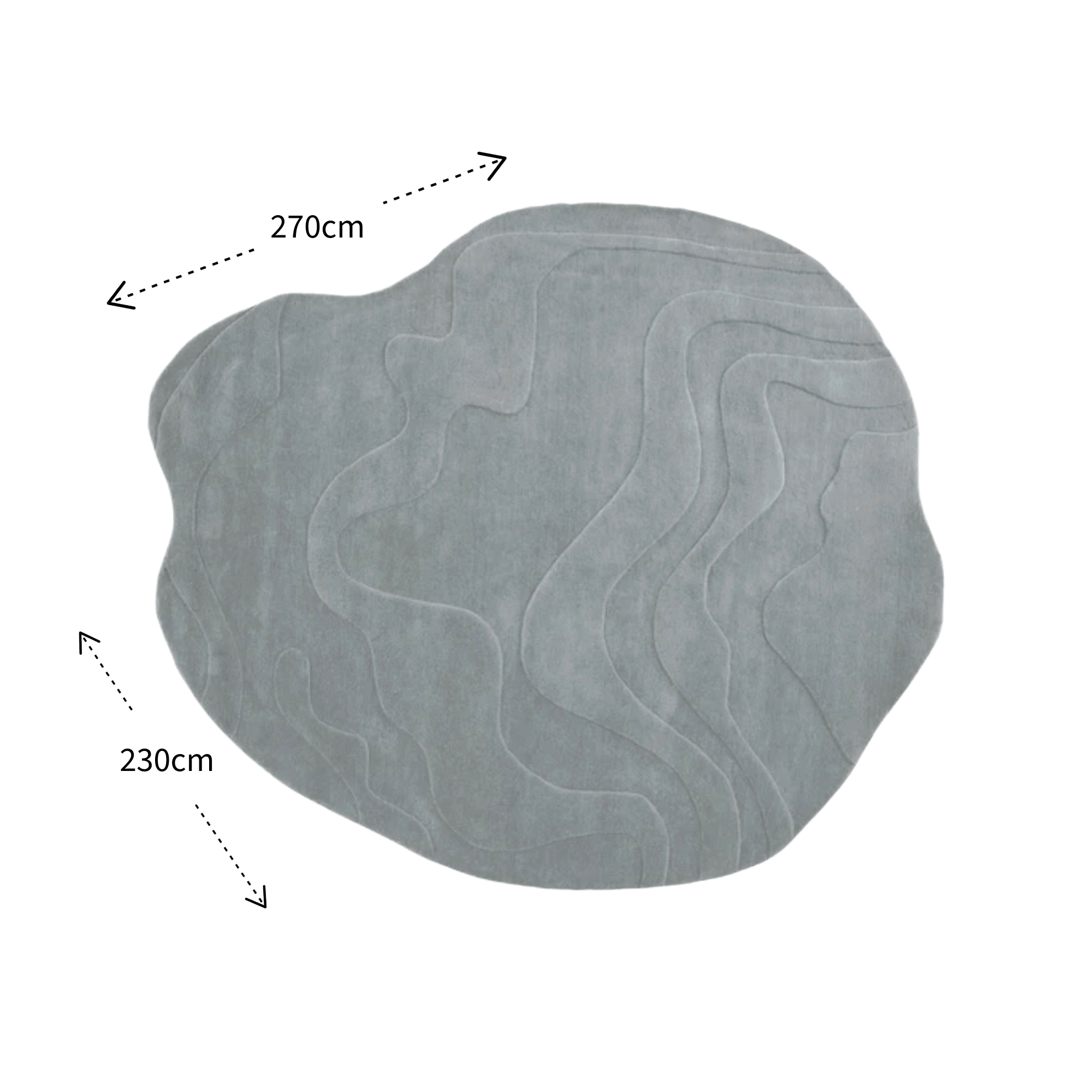 Gray textured rug with dimensions on a white background