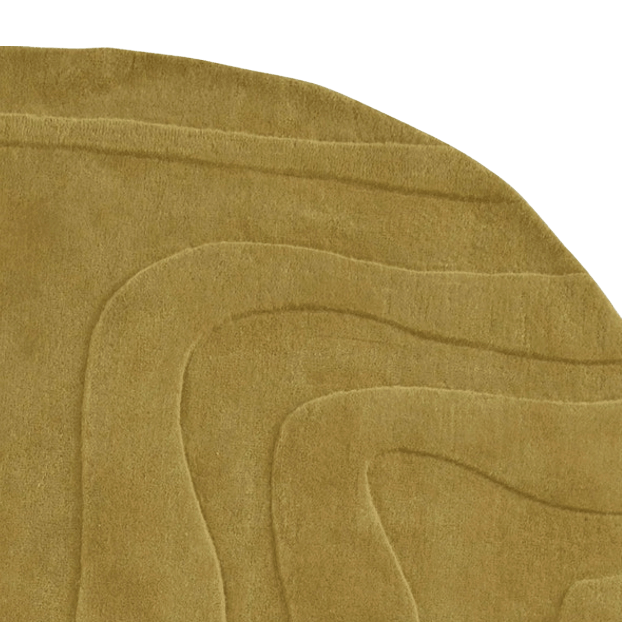 Close-up of a Mustard colour Ligne Roset Gavrinis rug with visible stitching on a white background