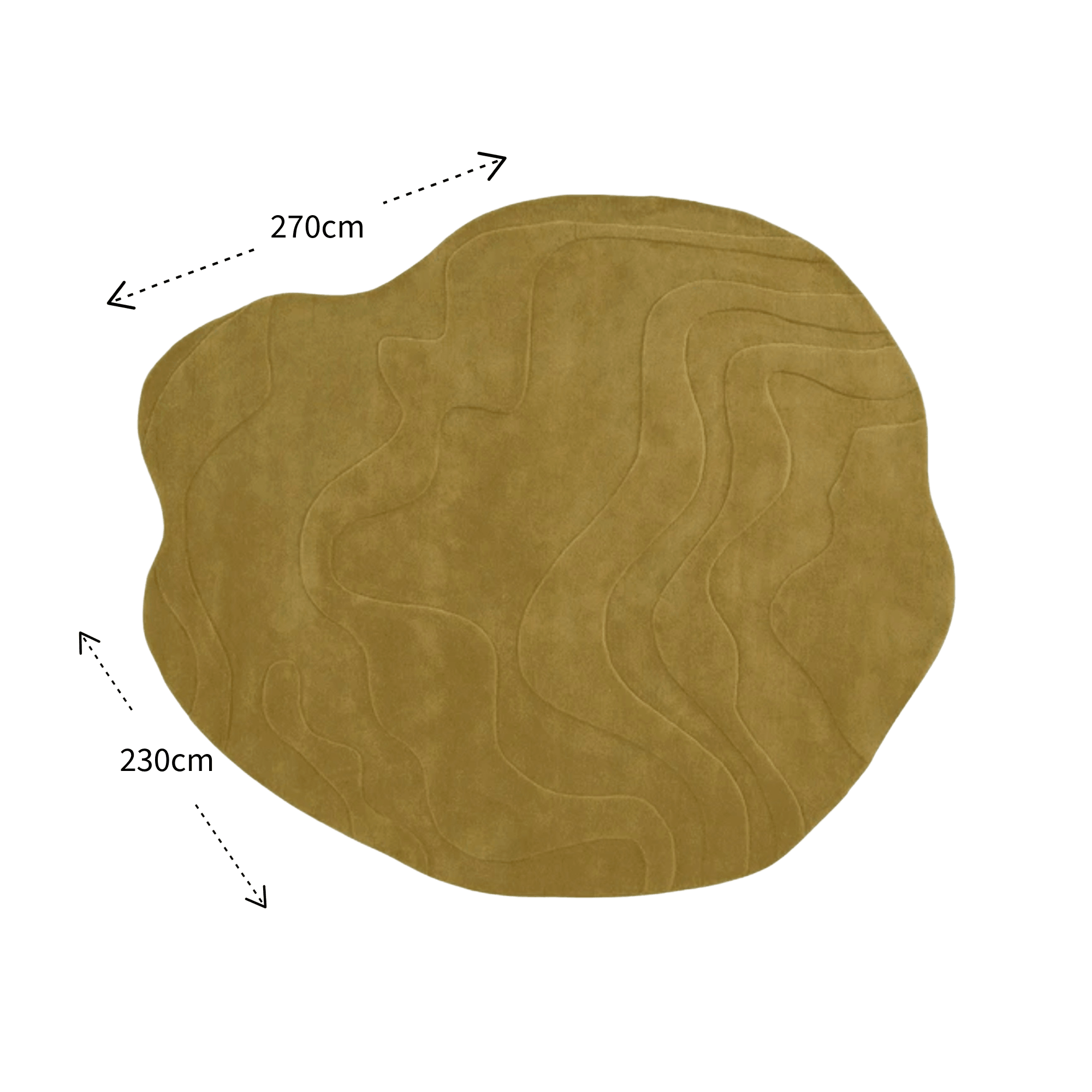 Mustard textured rug with dimensions on a white background