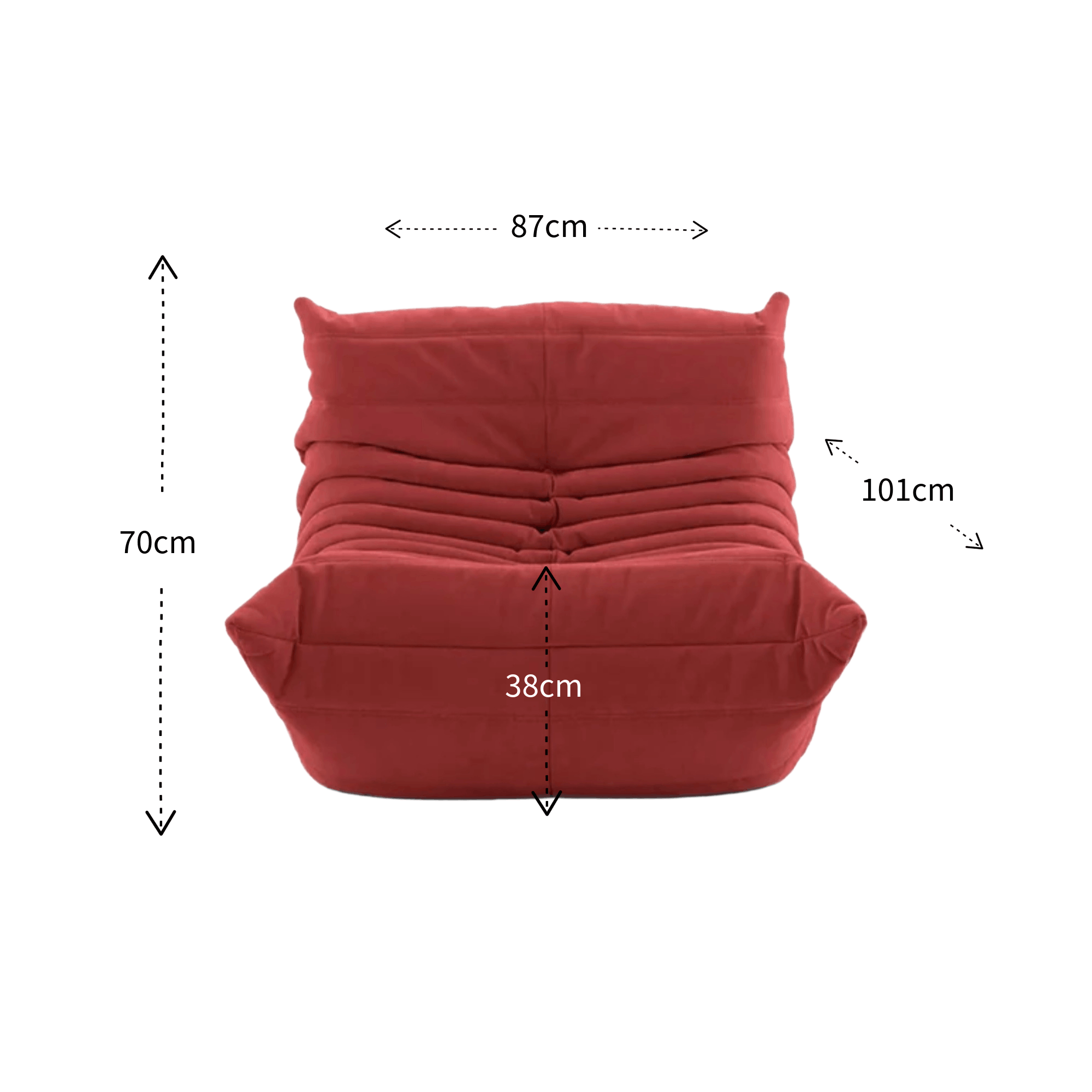 Red Fireside Chair with dimensions labeled on a white background