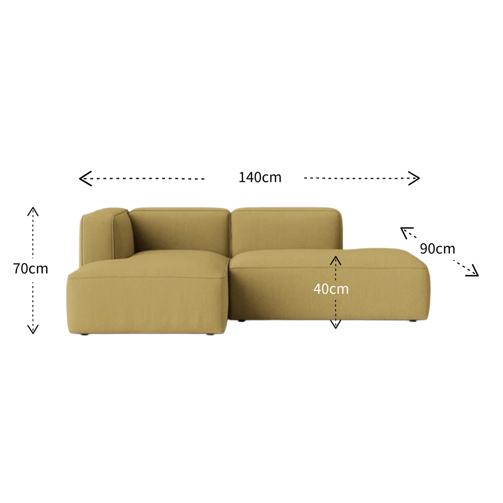 A mustard yellow modular sectional sofa shown on a white background with dimension arrows and labels indicating 140cm width, 70cm height, 40cm seat depth, and 90cm side depth.