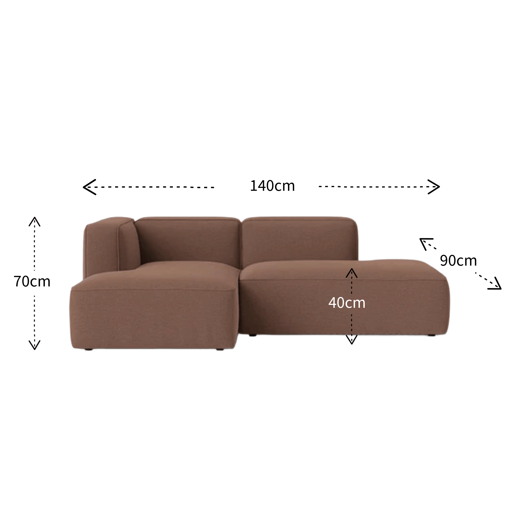 Brown modular sectional sofa with overlaid dimension arrows and labels showing 140cm width, 70cm height, 40cm seat height, and 90cm depth on a white background.