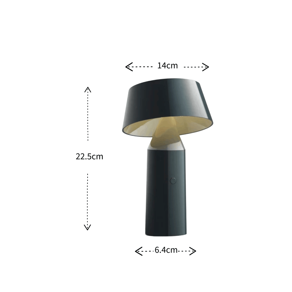 A modern table lamp with a dark gray cylindrical base and a tapered shade, shown with dimension annotations indicating a height of 22.5cm, width of 14cm, and base diameter of 6.