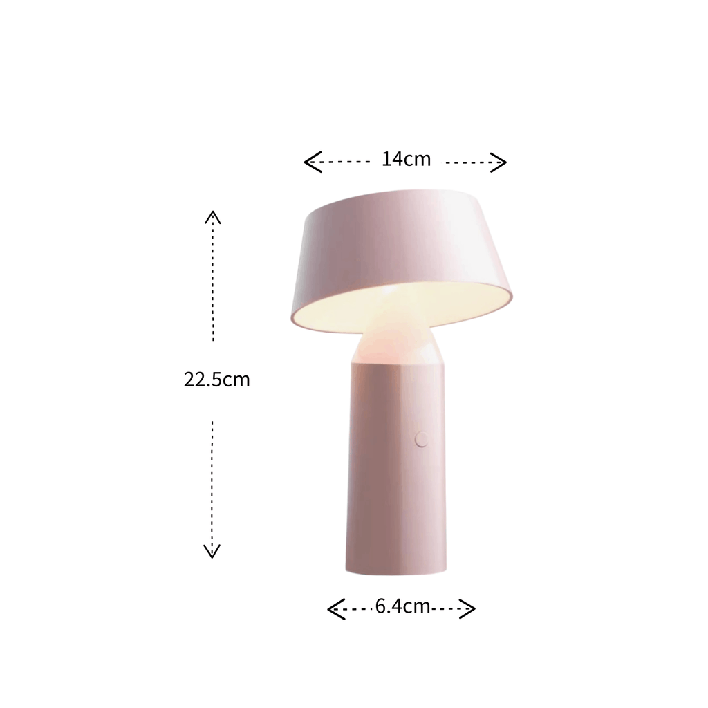 A pink table lamp with dimension annotations showing a height of 22.5cm, a shade width of 14cm, and a base width of 6.