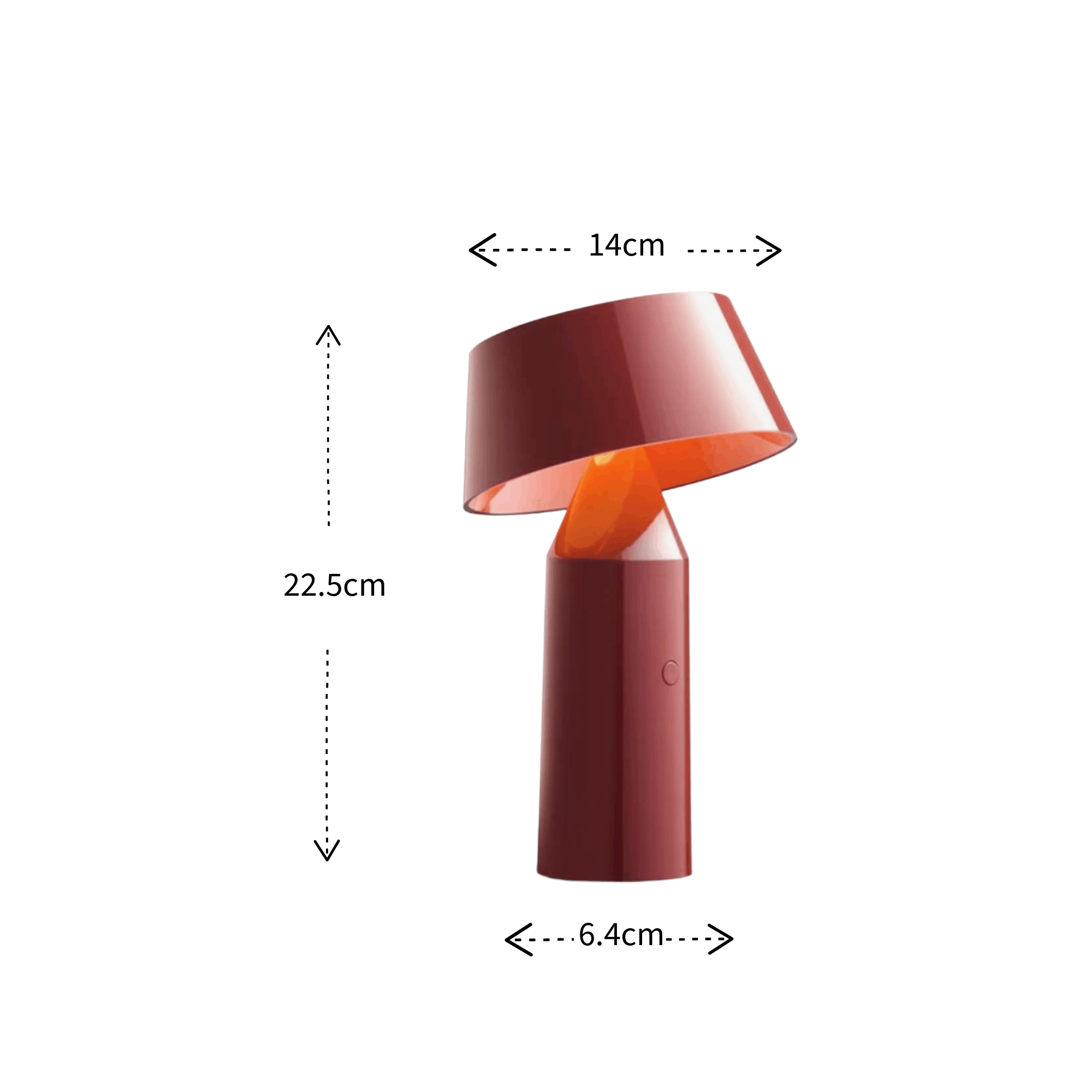 A modern table lamp in a glossy dark red finish with dimension annotations showing a height of 22.5cm, a shade width of 14cm, and a base width of 6.