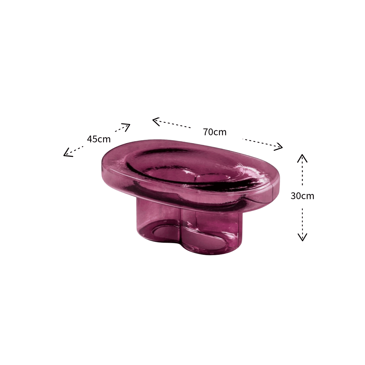 Miniforms Soda Oval Coffee Table in purple hand-blown Murano glass with size dimension arrows showing the height 30cm, the width 45cm & the length 70cm on a white background.
