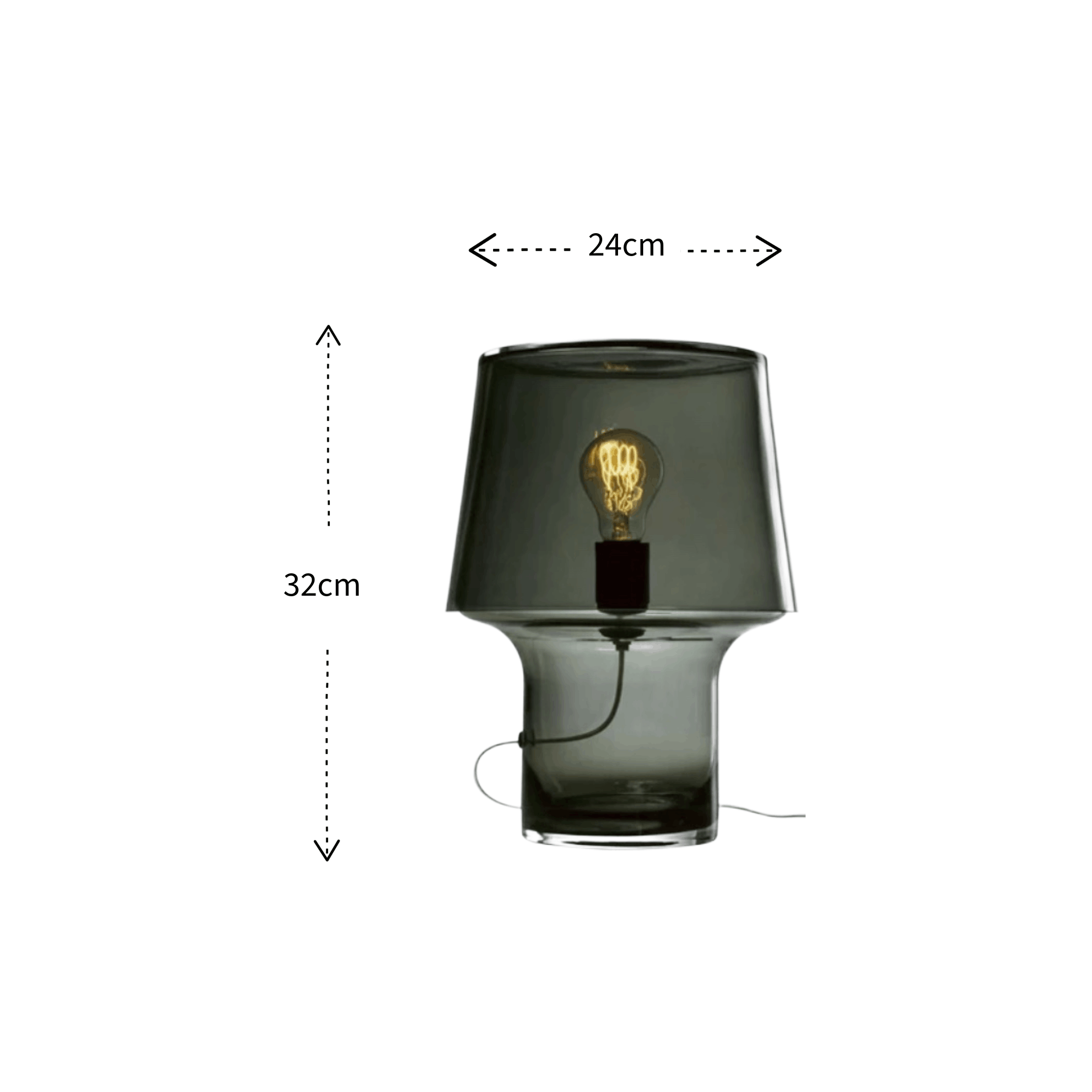 The Muuto Cosy Table Lamp with dimension arrows showing the height 32cm & diameter 24cm on a white background.