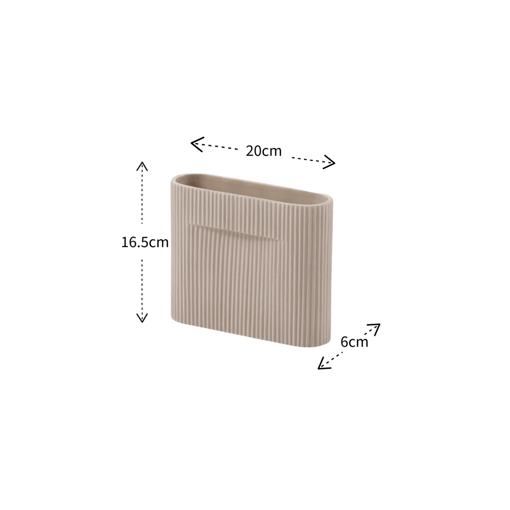 A beige ribbed rectangular vase with dimension annotations showing a height of 16.5cm, width of 20cm, and depth of 6cm on a plain white background.