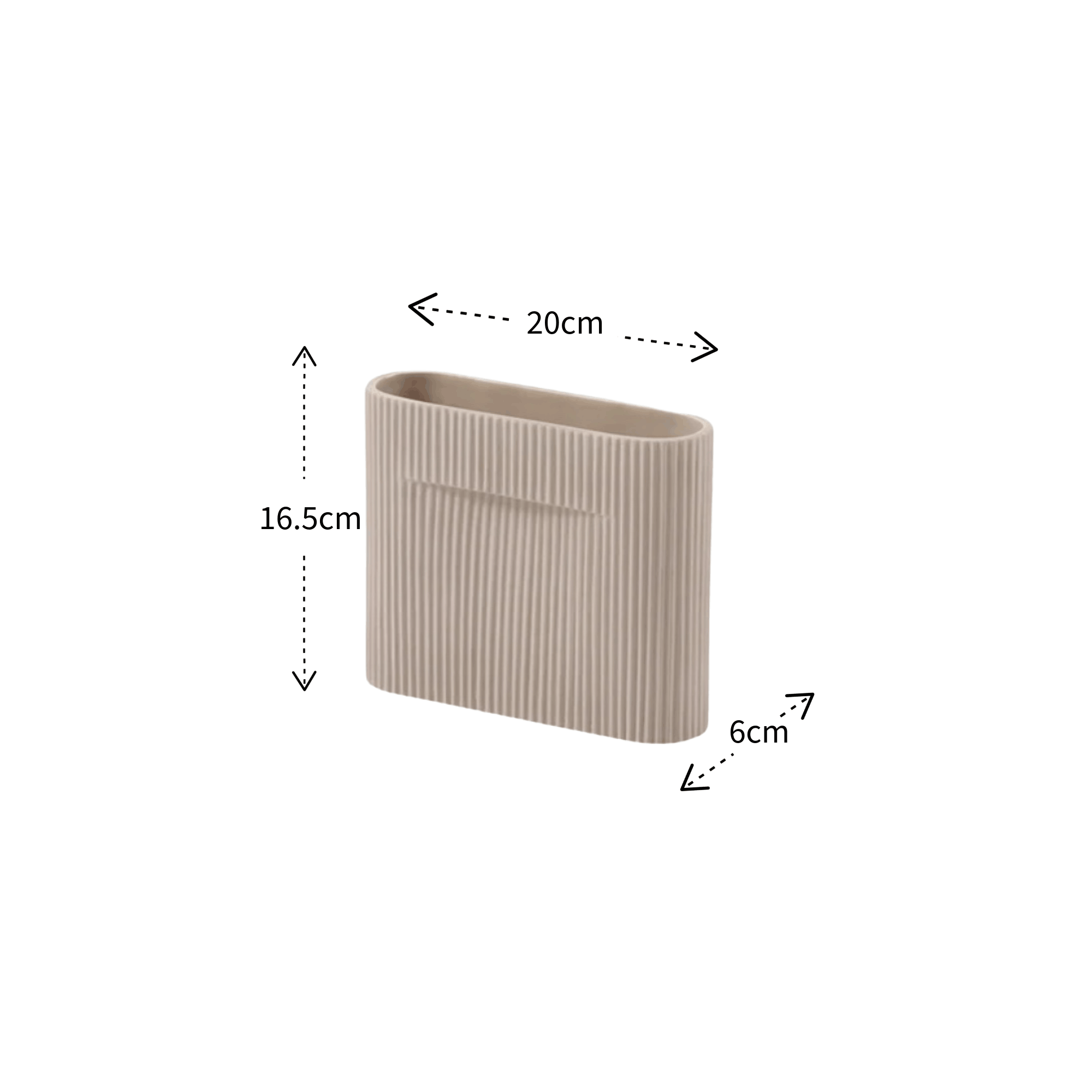 A beige ribbed rectangular vase with dimension annotations showing a height of 16.5cm, width of 20cm, and depth of 6cm on a plain white background.