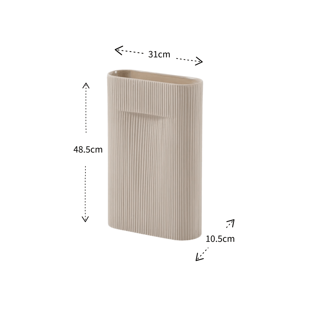 A beige ribbed ceramic vase shown on a white background with dimension arrows and labels indicating 48.5 cm height, 31 cm top width, and 10.