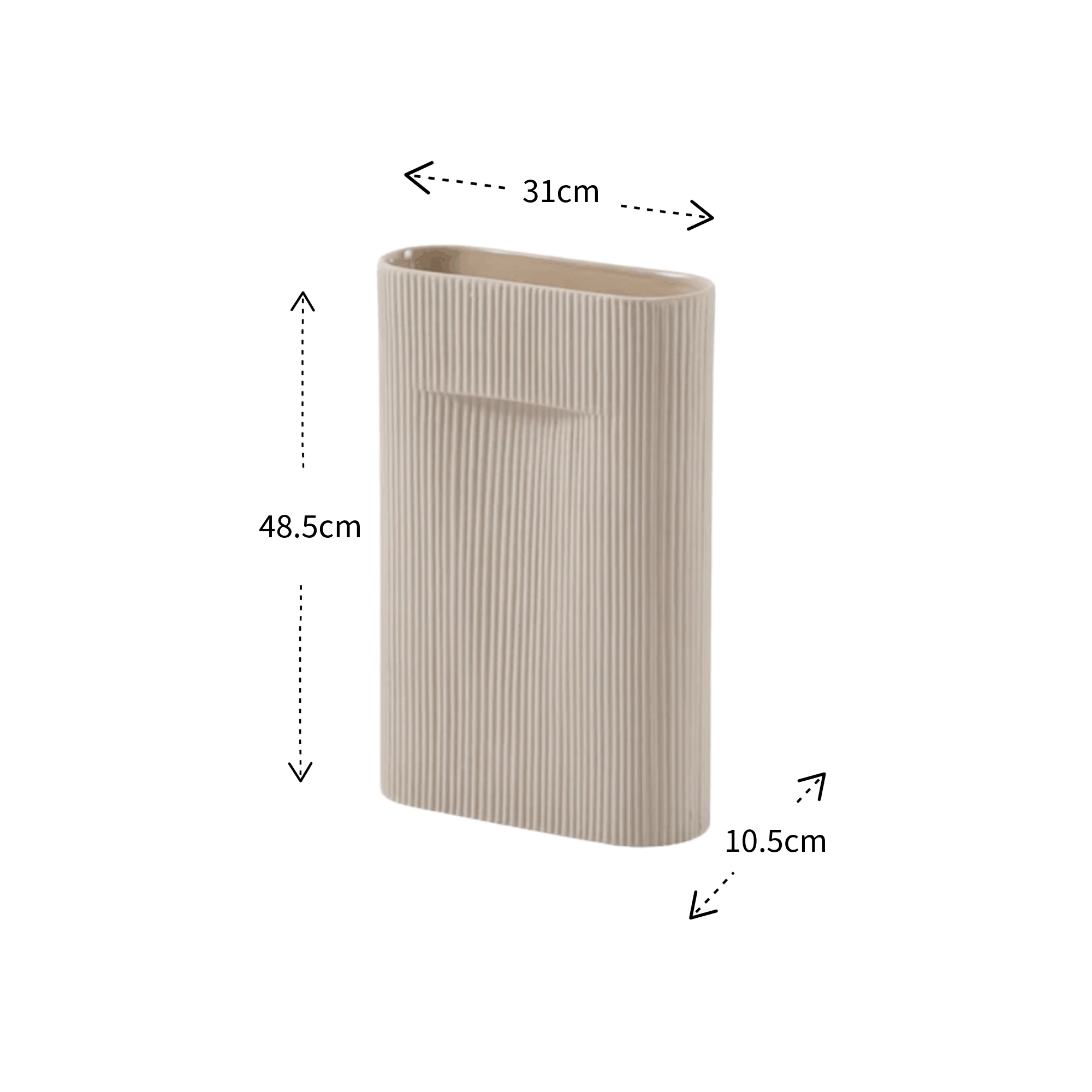 A beige ribbed ceramic vase shown on a white background with dimension arrows and labels indicating 48.5 cm height, 31 cm top width, and 10.