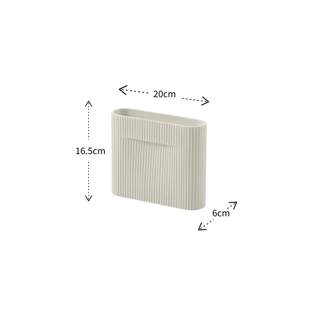 A small ribbed rectangular vasein a warm off-white tone, shown with dimension arrows and labels indicating 20 cm width, 16.5 cm height, and 6 cm depth on a plain white background.
