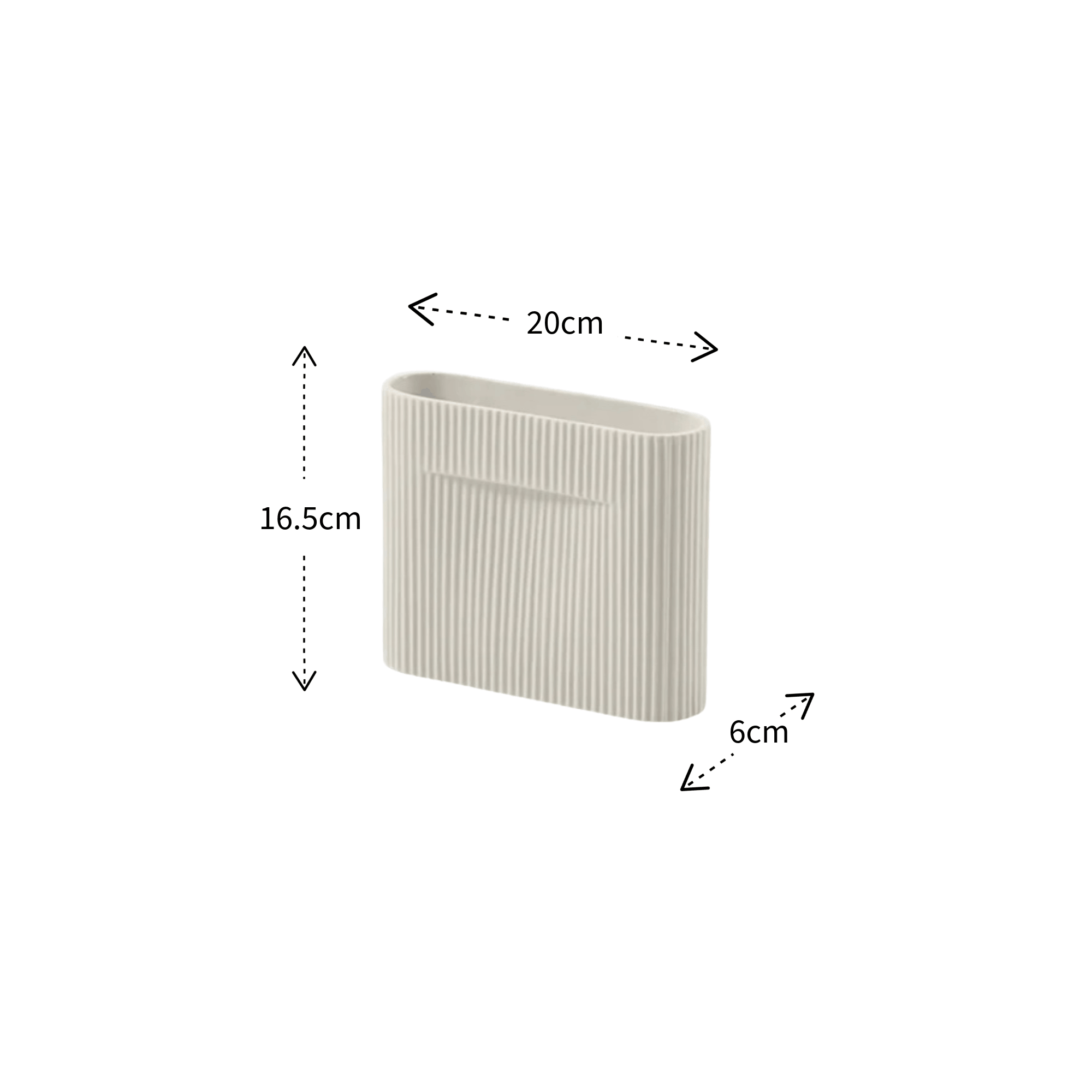 A small ribbed rectangular vasein a warm off-white tone, shown with dimension arrows and labels indicating 20 cm width, 16.5 cm height, and 6 cm depth on a plain white background.