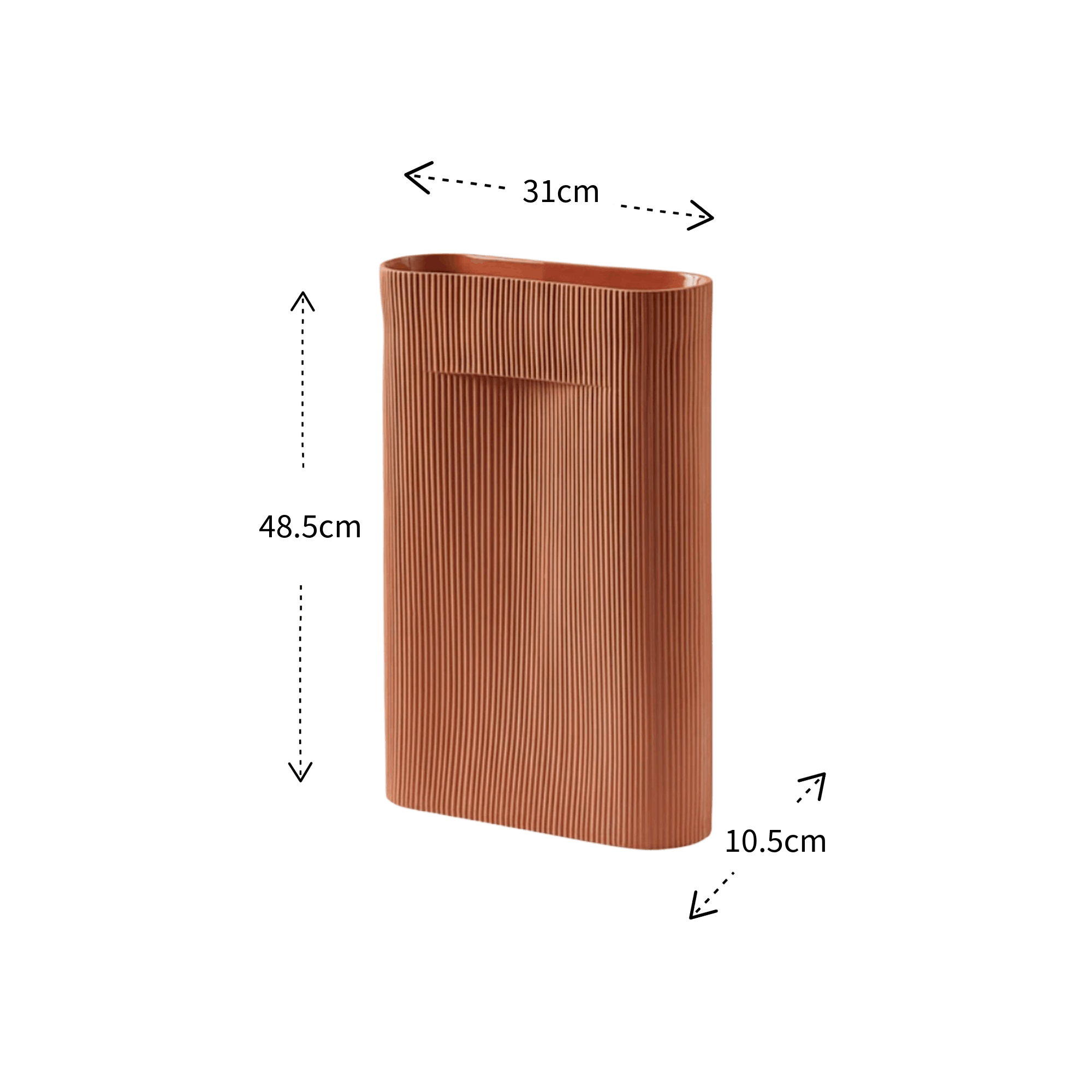 A ribbed terracotta-colored rectangular vase with dimension annotations showing a height of 48.5cm, width of 31cm, and depth of 10.