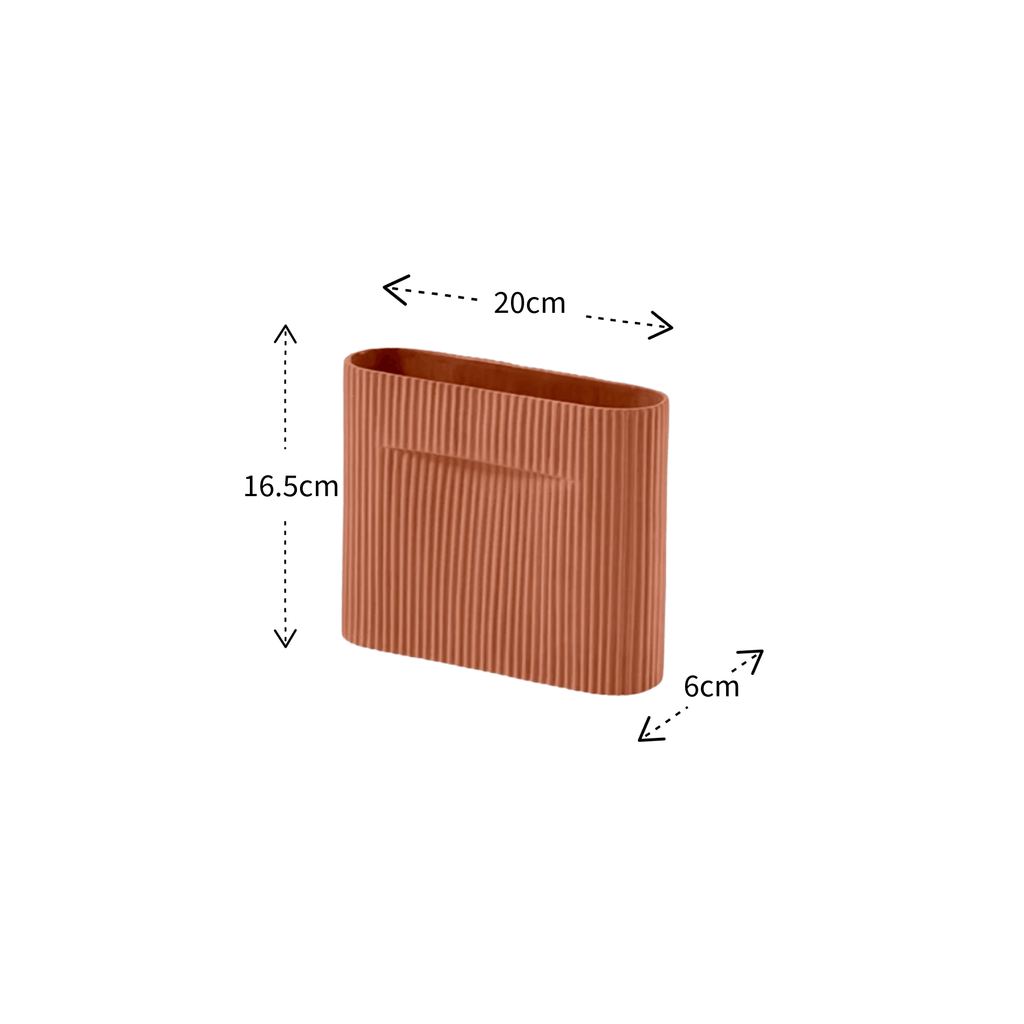A terracotta-colored ribbed rectangular vase with dimension annotations showing a height of 16.5cm, width of 20cm, and depth of 6cm on a plain white background.