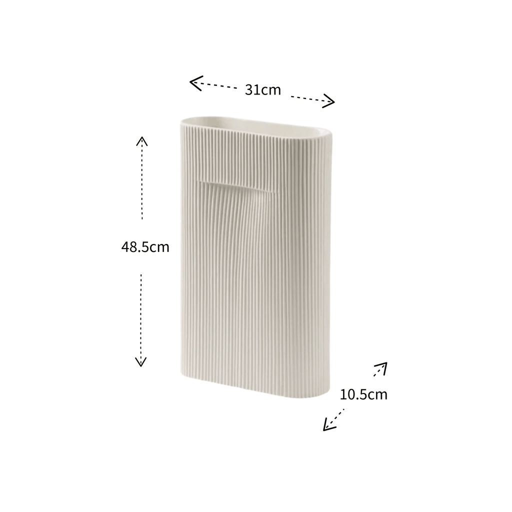 A ribbed ceramic vase in a warm off-white color, shown with dimension lines indicating a height of 48.5cm, width of 31cm, and depth of 10.