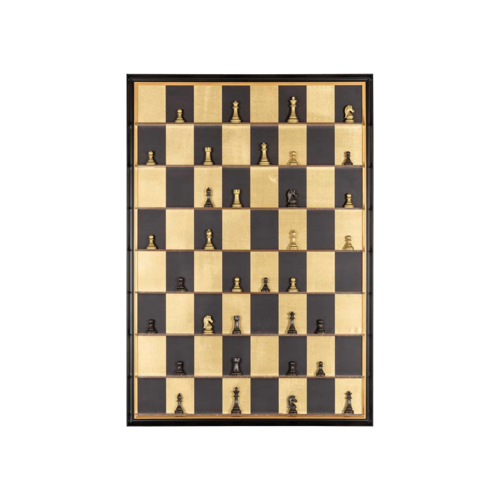 Contemporary black and gold wall art featuring a chessboard-inspired design with layered materials and modern sculptural detail.