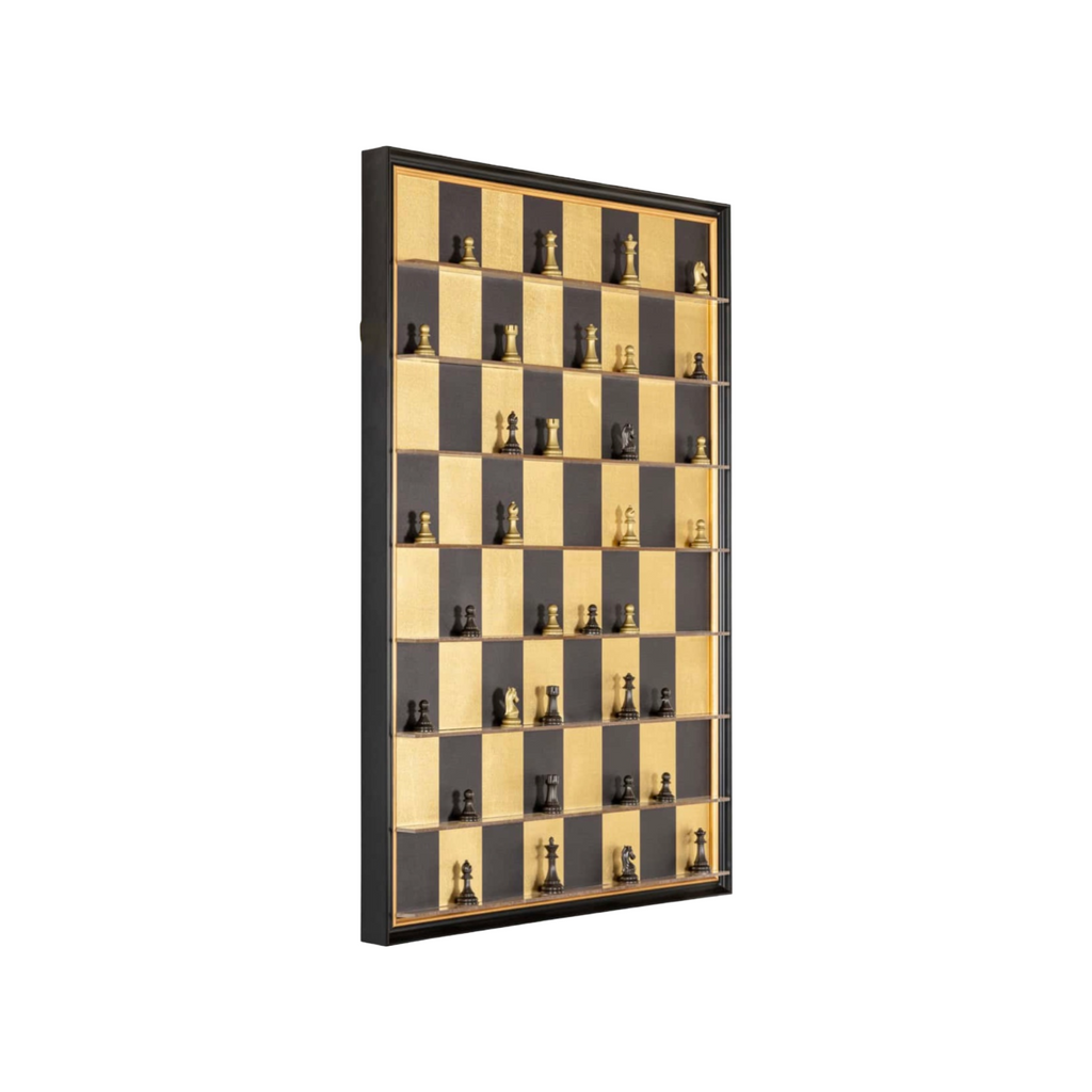 Contemporary black and gold wall art featuring a chessboard-inspired design with layered materials and modern sculptural detail.