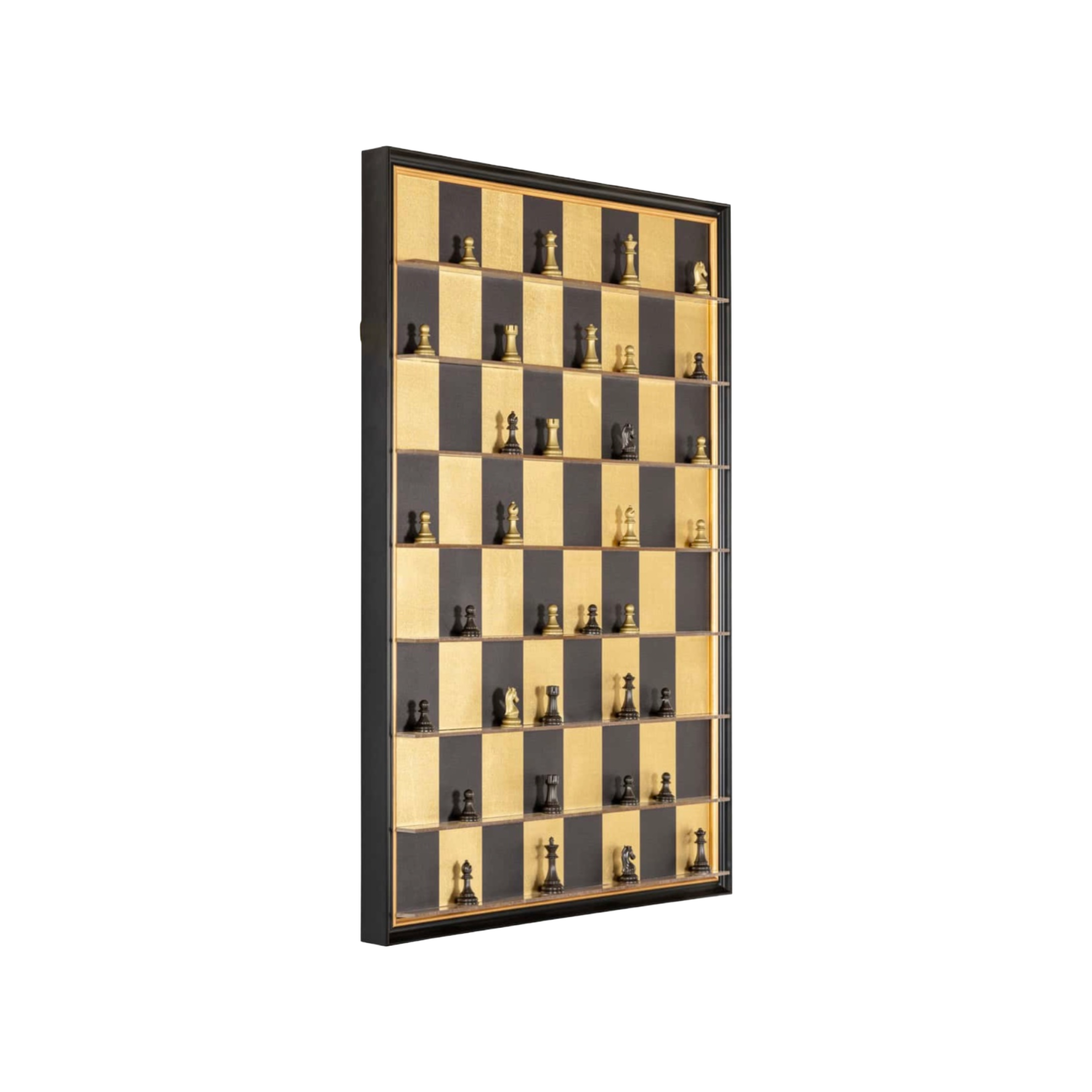 Contemporary black and gold wall art featuring a chessboard-inspired design with layered materials and modern sculptural detail.