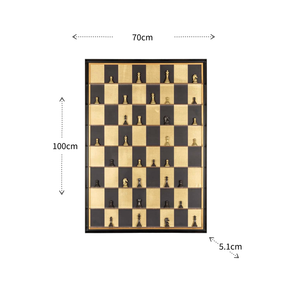 Contemporary black and gold wall art featuring a chessboard-inspired design with layered materials and modern sculptural detail.