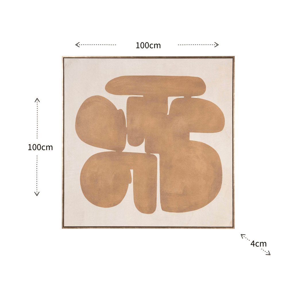 Decorative wall art with abstract design and measurements on a beige background