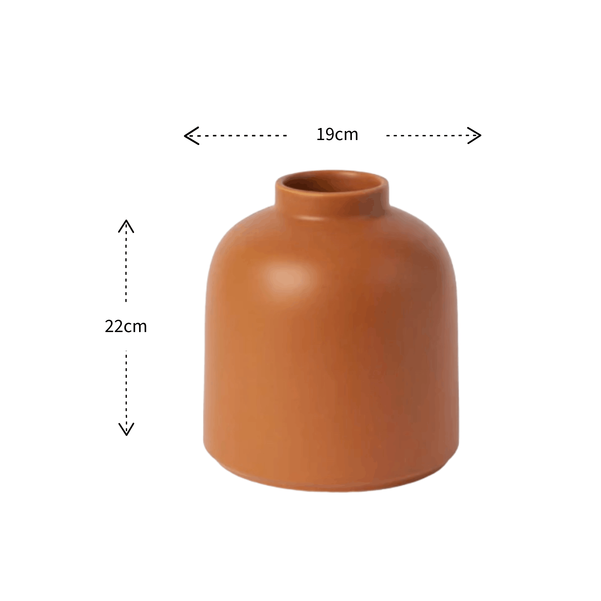 A terracotta-colored ceramic vase with dimension markings showing a height of 22cm and a top diameter of 19cm on a plain white background.