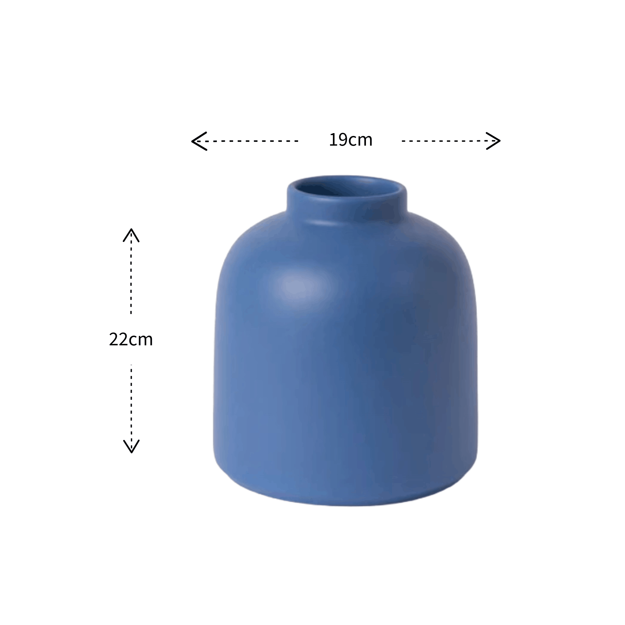 A blue ceramic vase with a rounded dome shape and a short cylindrical neck, shown with dimension annotations indicating a height of 22cm and a top diameter of 19cm on a white background.