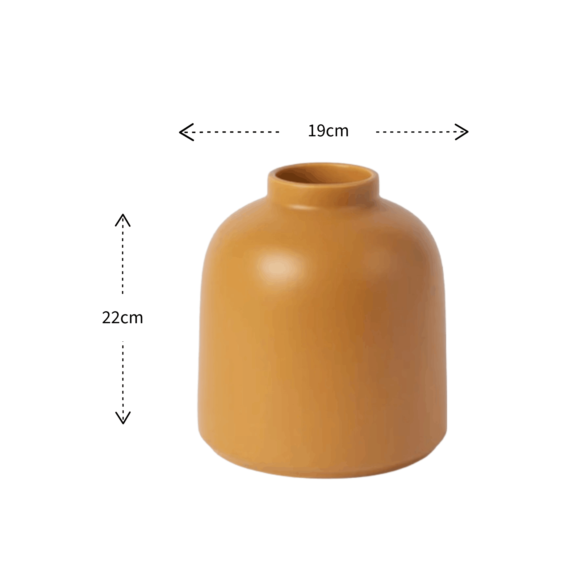 A terracotta-colored ceramic vase with dimension markings showing a height of 22cm and a top diameter of 19cm on a plain white background.
