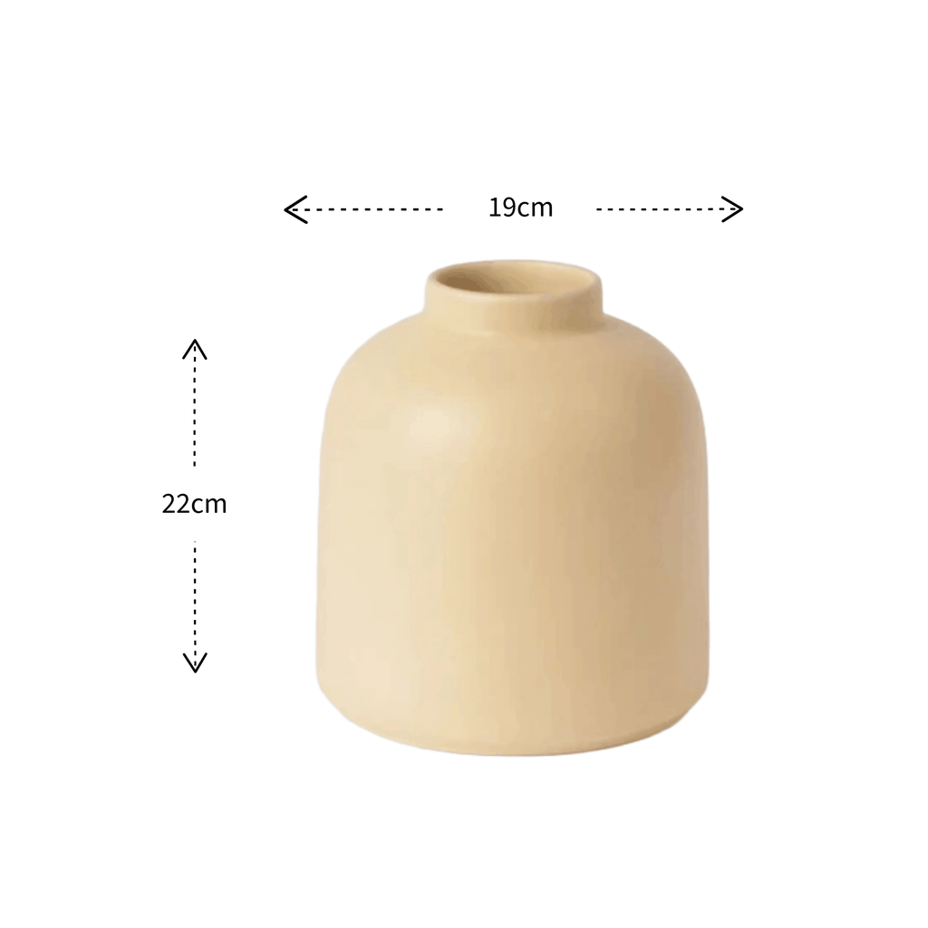 A matte beige ceramic vase with a rounded, bulbous shape and a short flared neck, shown with dimension arrows and labels indicating a height of 22cm and a width of 19cm on a white background.