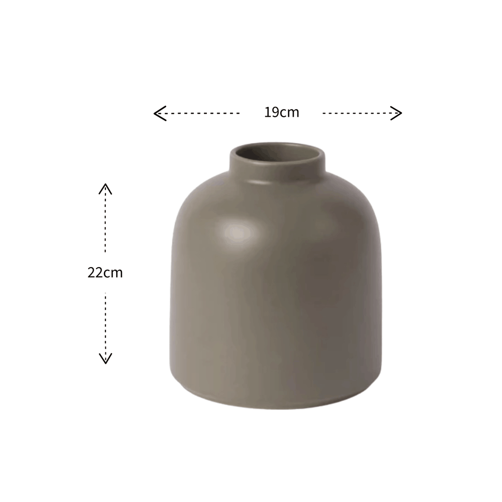 A matte taupe-gray ceramic vase with a rounded dome shape and short flared neck, shown with dimension callouts indicating a width of 19cm and a height of 22cm on a white background.