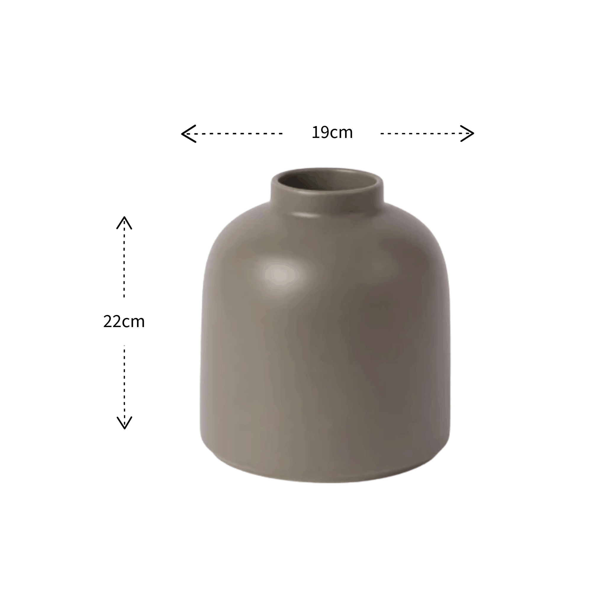 A matte taupe-gray ceramic vase with a rounded dome shape and short flared neck, shown with dimension callouts indicating a width of 19cm and a height of 22cm on a white background.