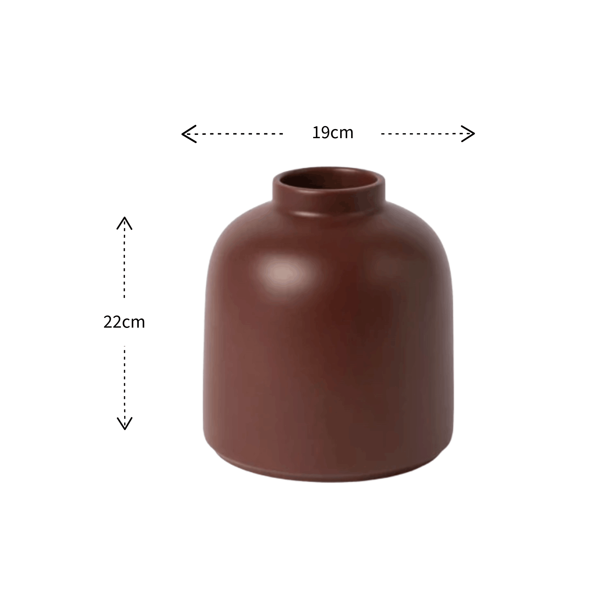 A dark brown ceramic vase with a rounded dome shape and a short cylindrical neck, shown with dimension lines indicating a width of 19cm and a height of 22cm on a plain white background.