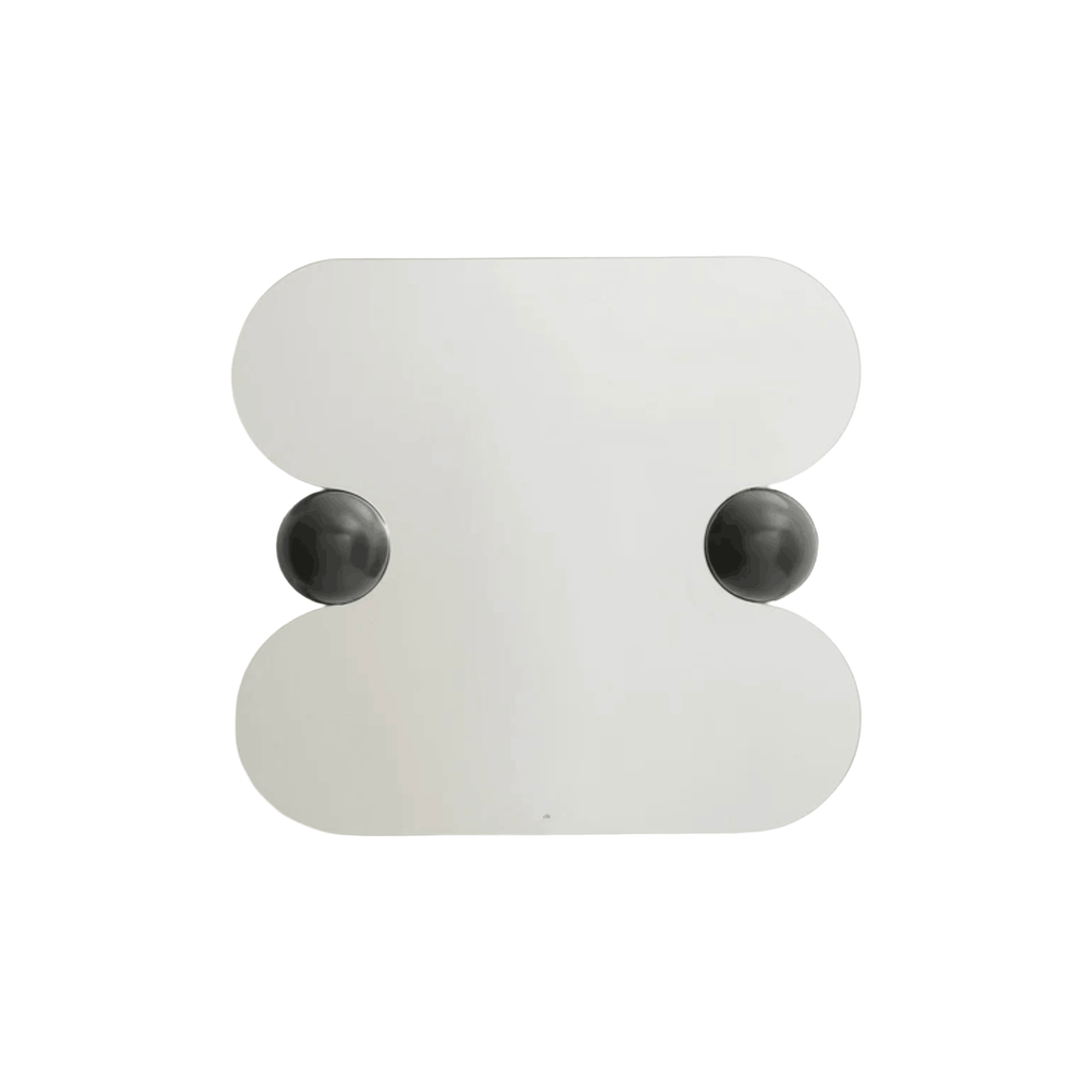 A contemporary wall mirror featuring soft curves and distinctive wooden spheres, designed to bring character and style to bedrooms, hallways and living spaces.