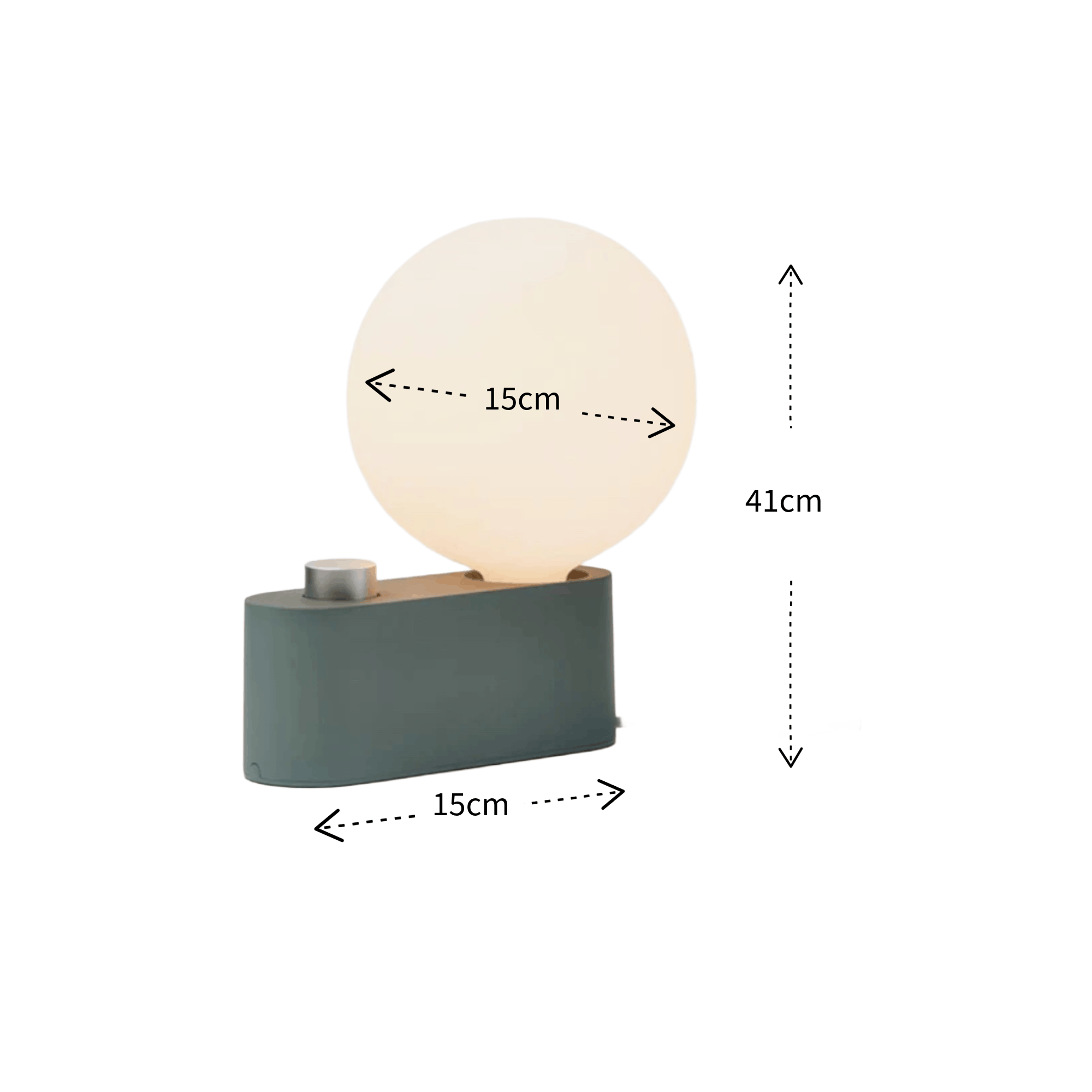 A small table lamp with a rectangular dark green base, a round glowing white globe shade, and overlaid dimension arrows and labels showing 15 cm width, 15 cm height on the base, and 41 cm total height.