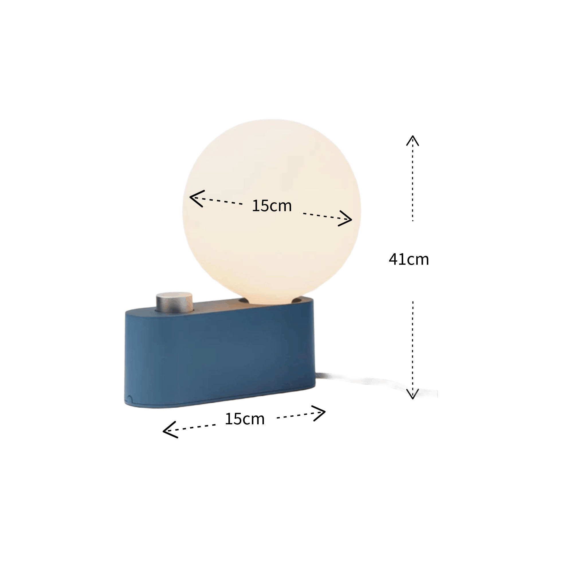 A modern table lamp with a rectangular blue base, a small metallic knob, and a round glowing frosted globe. Dimension arrows and labels indicate a height of 41cm, a width of 15cm, and a depth of 15cm on a plain white background.