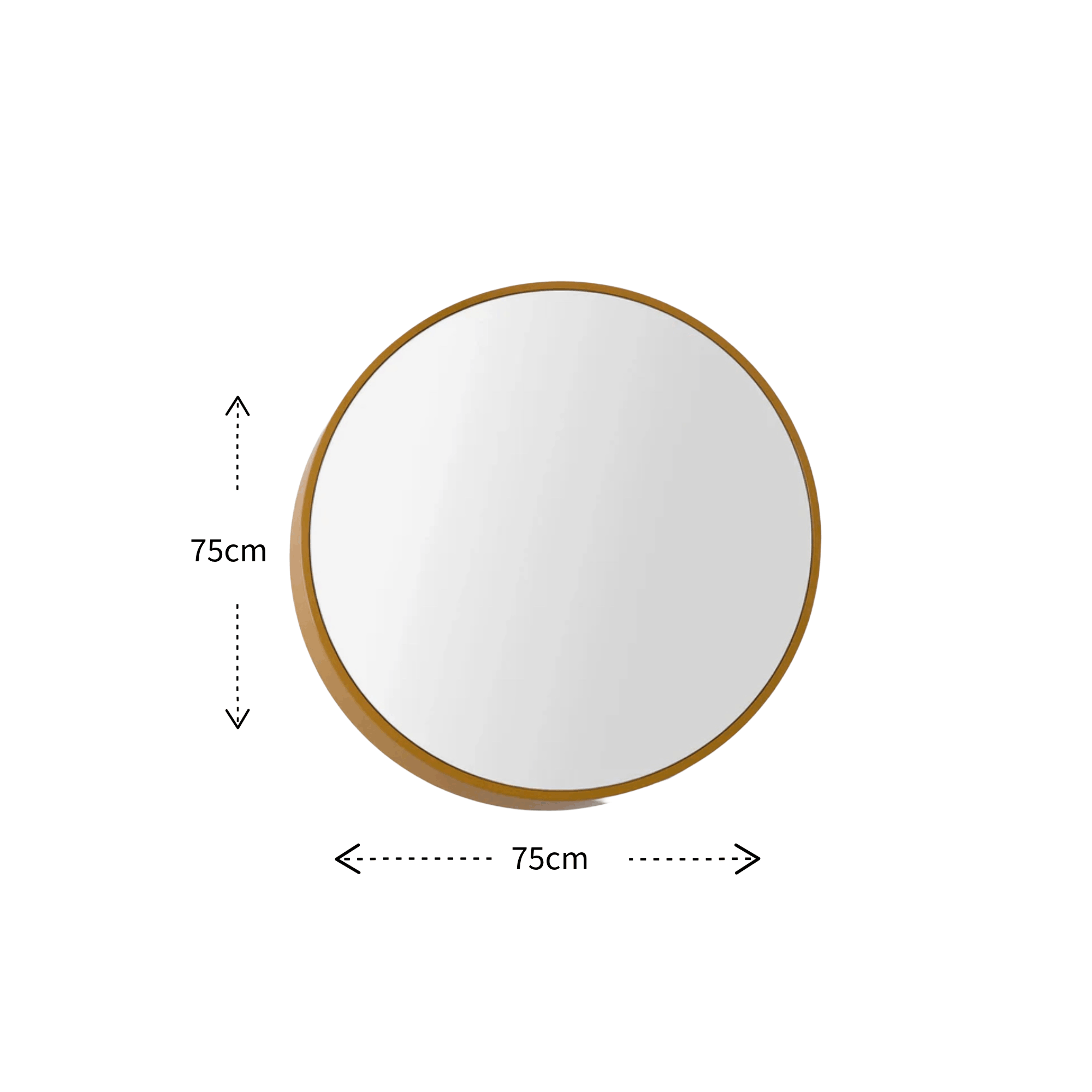 Round wall mirror with a light natural wood frame, shown with dimension arrows and labels indicating a height and width of 75cm on a white background.