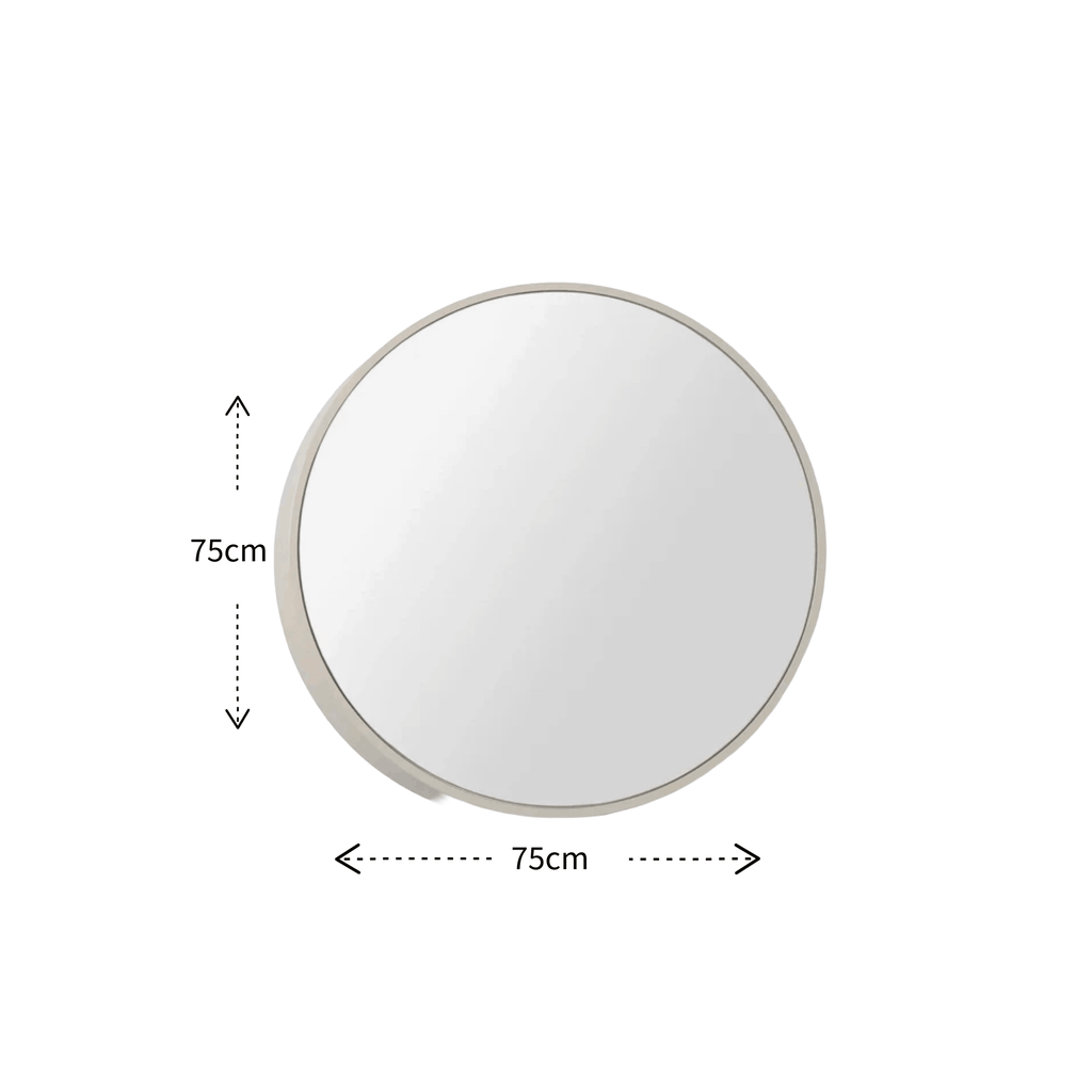 Round wall mirror with a slim light gray frame, shown on a white background with dimension arrows and text indicating a 75cm width and height.