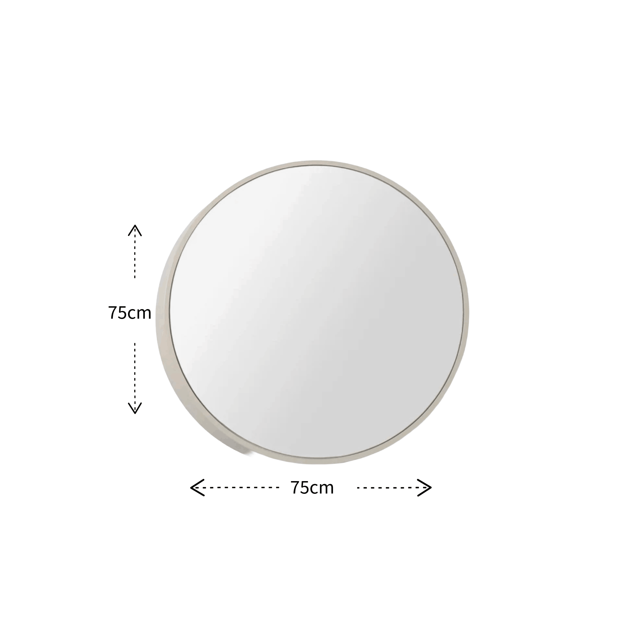 Round wall mirror with a slim light gray frame, shown on a white background with dimension arrows and text indicating a 75cm width and height.