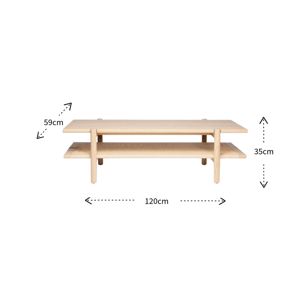A light natural wood two-tier coffee table with dimension annotations showing a width of 120cm, height of 35cm, and shelf depth of 59cm on a plain white background.