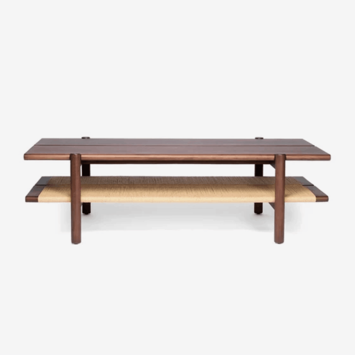 The Conran Shop Pagoda Coffee Table in walnut with a solid wood frame, spacious tabletop and woven papercord storage shelf beneath.